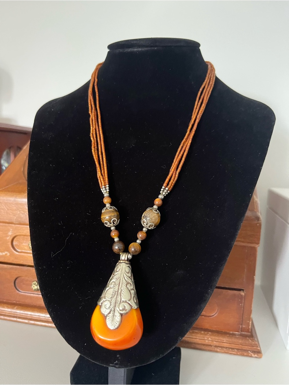 Vintage Bohemian Statement Necklace - Faux Amber Pendant